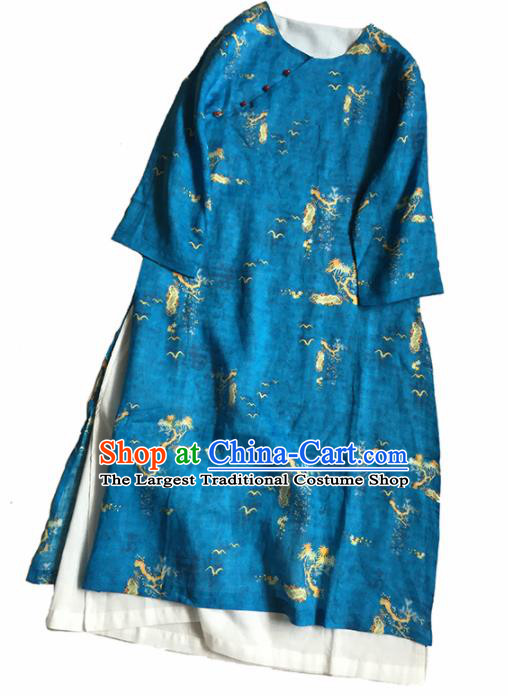 Chinese Traditional Tang Suit Printing Blue Ramie Cheongsam National Costume Qipao Dress for Women