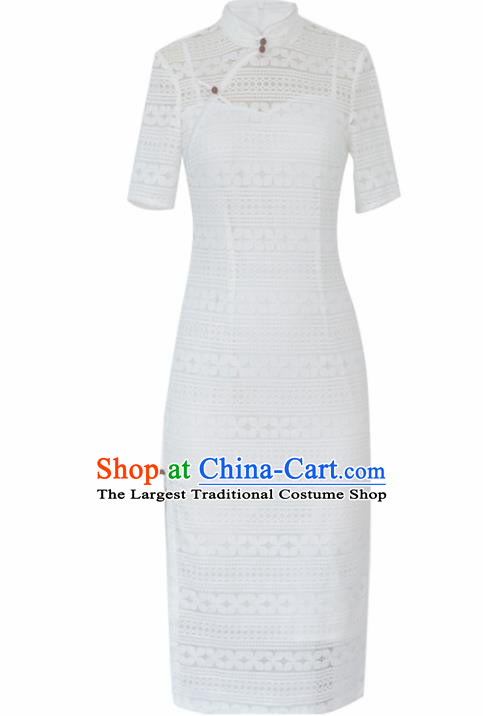 Chinese Traditional Tang Suit White Lace Cheongsam National Costume Qipao Dress for Women