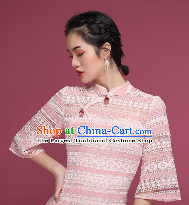 Chinese Traditional Tang Suit Pink Lace Cheongsam National Costume Qipao Dress for Women