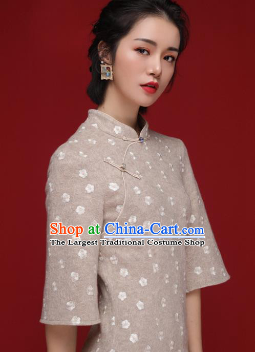 Chinese Traditional Tang Suit Grey Wool Cheongsam National Costume Qipao Dress for Women