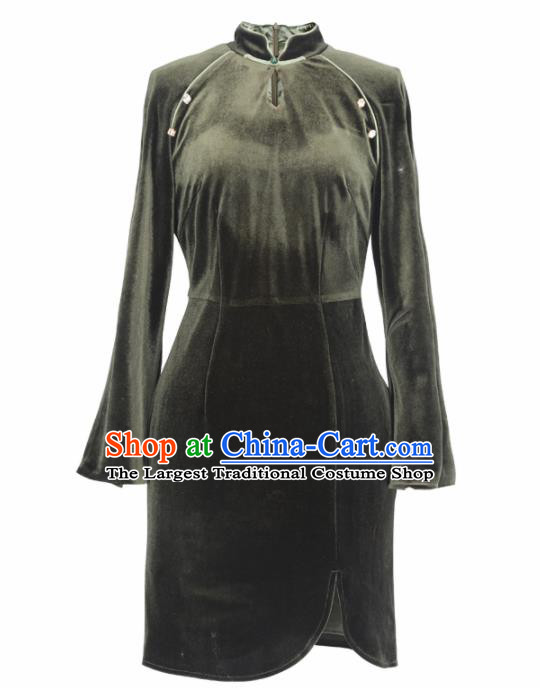 Chinese Traditional Tang Suit Atrovirens Pleuche Cheongsam National Costume Qipao Dress for Women