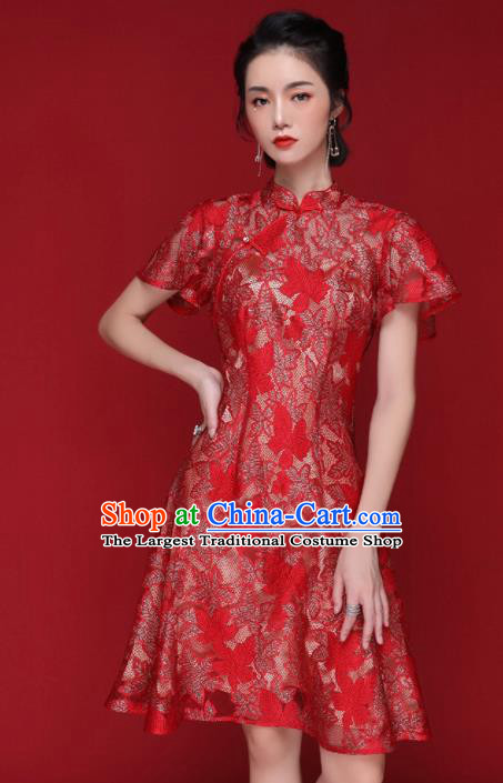 Chinese Traditional Tang Suit Red Lace Cheongsam National Costume Qipao Dress for Women