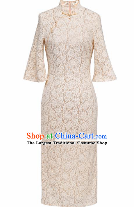 Chinese Traditional Tang Suit White Lace Cheongsam National Costume Qipao Dress for Women