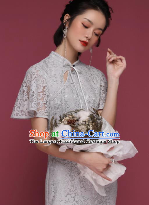 Chinese Traditional Tang Suit Grey Lace Cheongsam National Costume Qipao Dress for Women