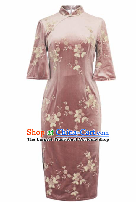 Chinese Traditional Tang Suit Pink Pleuche Cheongsam National Costume Qipao Dress for Women
