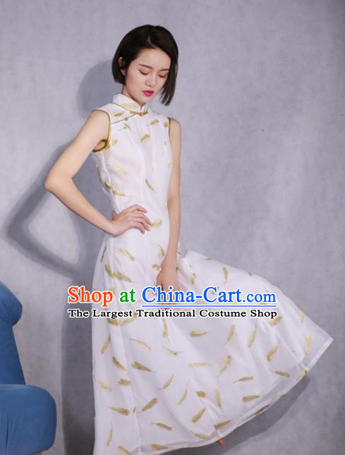 Chinese Traditional Tang Suit Retro Printing White Cheongsam National Costume Qipao Dress for Women