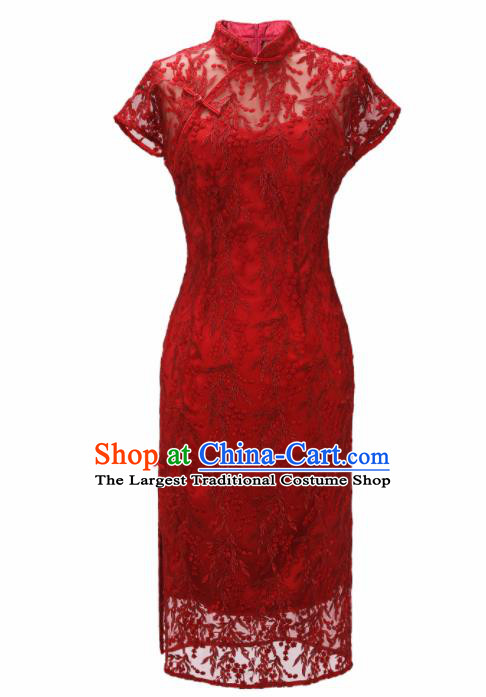 Chinese Traditional Tang Suit Red Lace Wedding Cheongsam National Costume Qipao Dress for Women