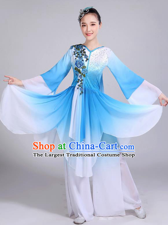 Chinese Traditional Umbrella Dance Stage Show Blue Dress Classical Dance Fan Dance Costume for Women