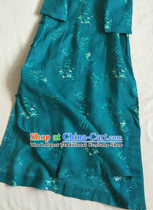 Chinese Traditional Tang Suit Printing Bamboo Plum Atrovirens Ramie Cheongsam National Costume Qipao Dress for Women