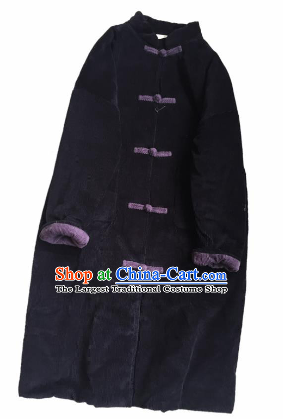 Chinese Traditional Tang Suit Navy Corduroy Cotton Wadded Coat National Outer Garment Costume for Women