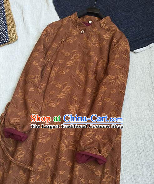 Chinese Traditional Tang Suit Printing Brown Linen Cheongsam National Costume Qipao Dress for Women