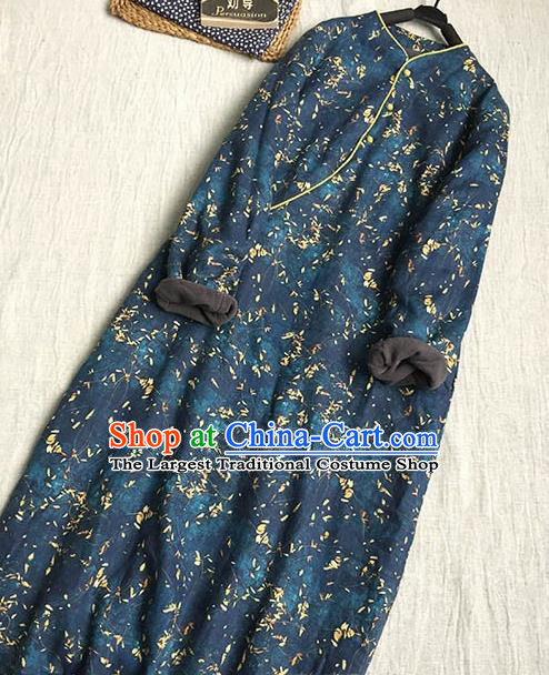 Chinese Traditional Tang Suit Printing Navy Linen Cheongsam National Costume Qipao Dress for Women