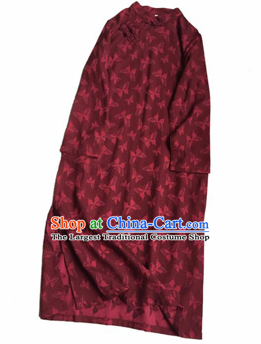 Chinese Traditional Tang Suit Printing Butterfly Dark Red Cheongsam National Costume Qipao Dress for Women
