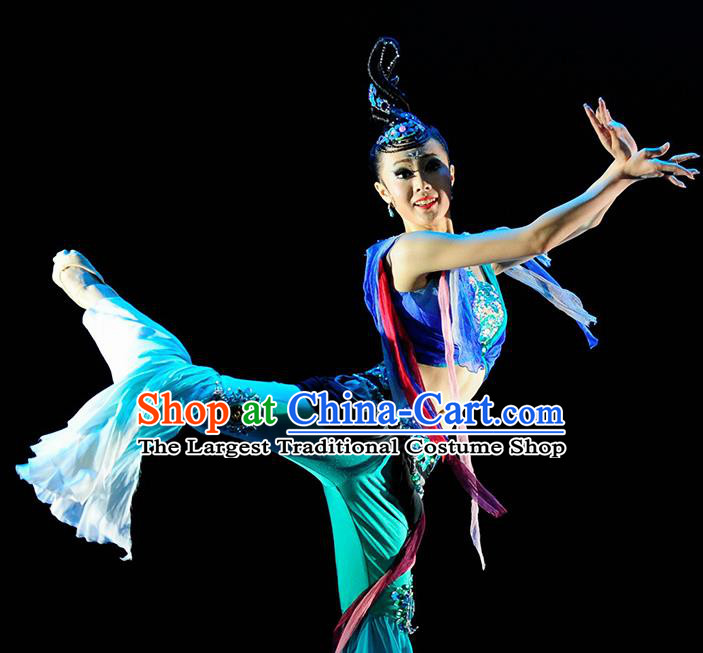 Chinese Traditional Classical Dance Dunhuang Flying Dance Blue Outfits Group Dance Costume for Women