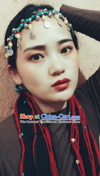 Chinese Traditional Zang Ethnic Blue Beads Tassel Hair Clasp Hair Accessories Tibetan Nationality Headwear for Women