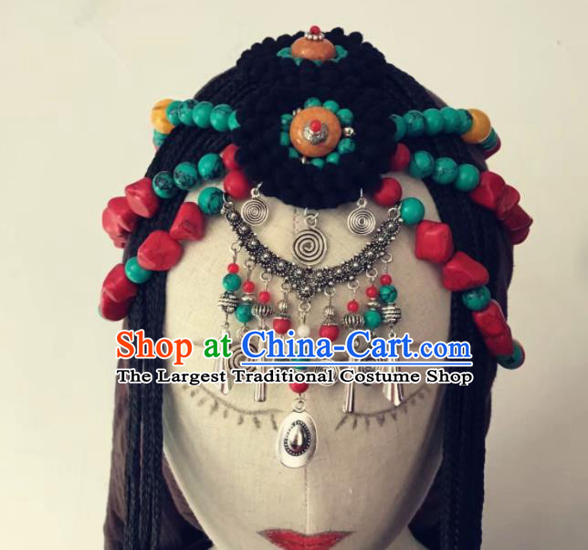 Chinese Traditional Tibetan Ethnic Braid Tassel Hair Accessories Zang Minority Nationality Headwear for Women