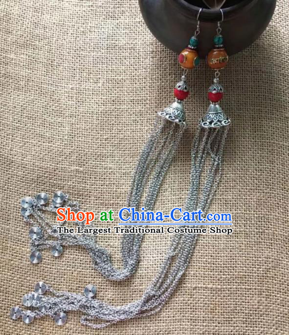 Chinese Traditional Ethnic Ear Accessories Nationality Silver Long Tassel Earrings for Women