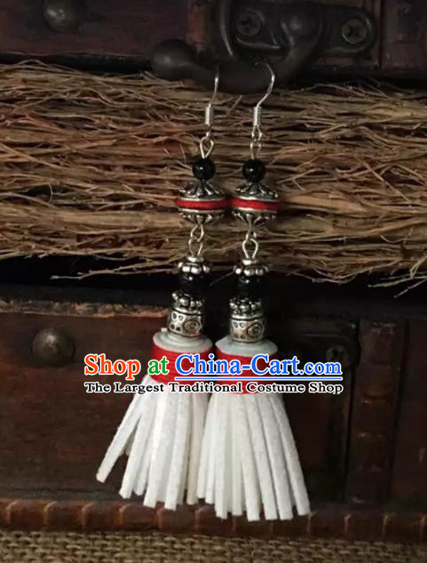 Chinese Traditional Ethnic Ear Accessories Miao Nationality White Tassel Silver Earrings for Women