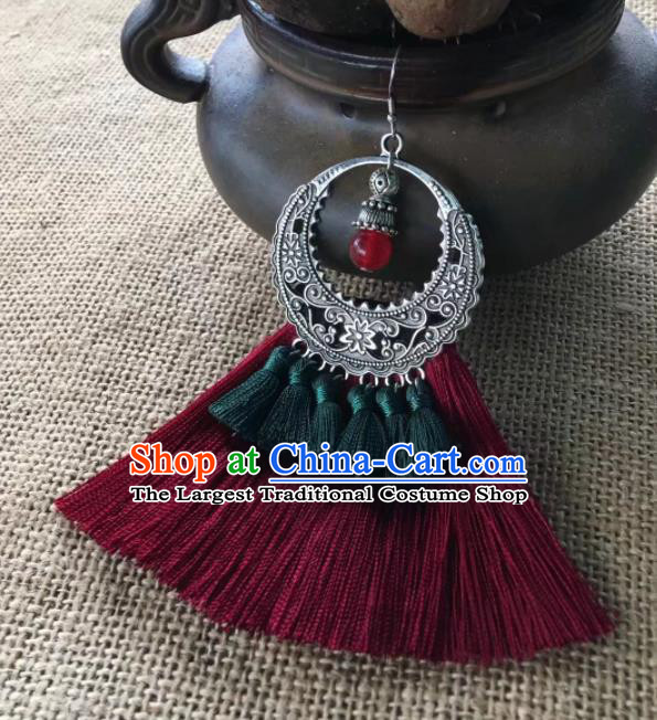 Chinese Traditional Ethnic Silver Ear Accessories Miao Nationality Red Tassel Earrings for Women