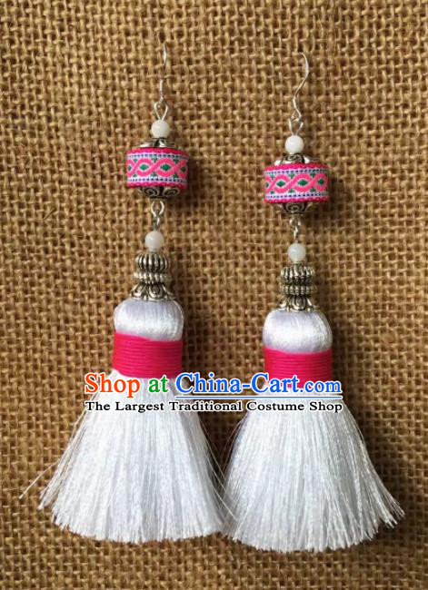 Chinese Traditional Ethnic White Tassel Ear Accessories Miao Nationality Embroidered Earrings for Women