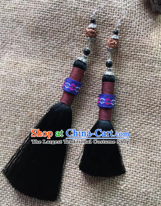 Chinese Traditional Ethnic Black Tassel Ear Accessories Miao Nationality Silver Earrings for Women