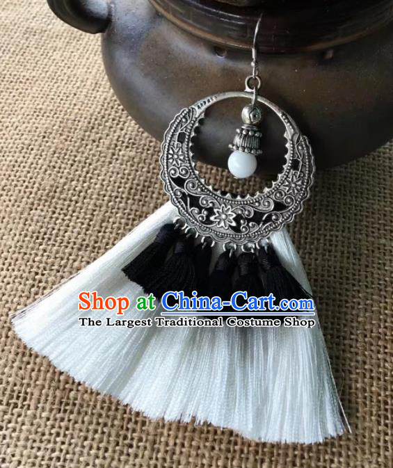 Chinese Traditional Ethnic White Tassel Ear Accessories Miao Nationality Silver Earrings for Women
