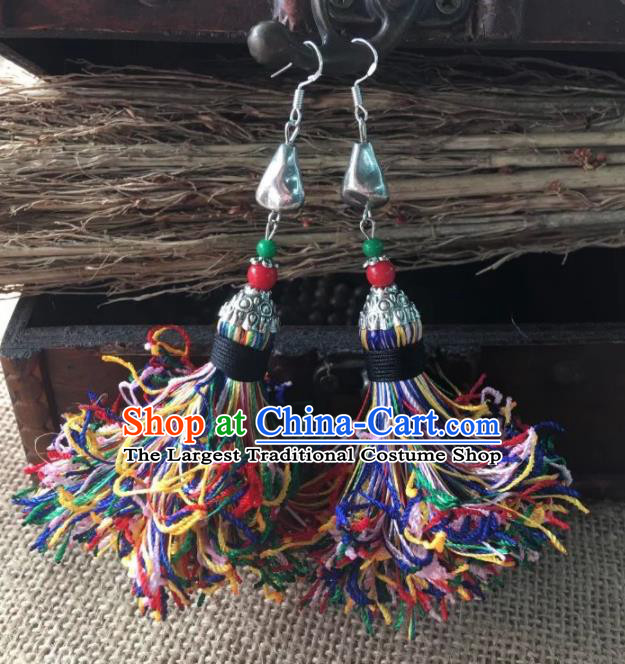 Chinese Traditional Ethnic Colorful Wool Yarn Ear Accessories Miao Nationality Silver Earrings for Women