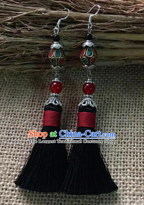 Chinese Traditional Ethnic Ear Accessories Miao Nationality Black Tassel Earrings for Women