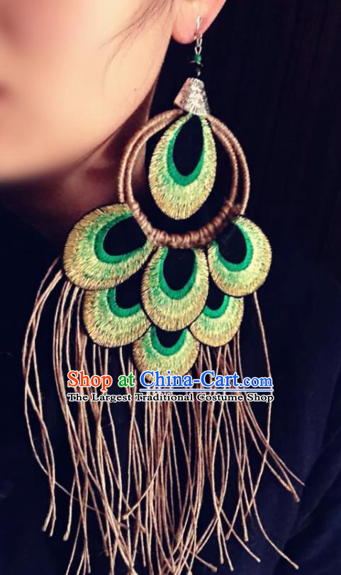Chinese Traditional Ethnic Embroidered Peacock Ear Accessories Miao Nationality Tassel Earrings for Women