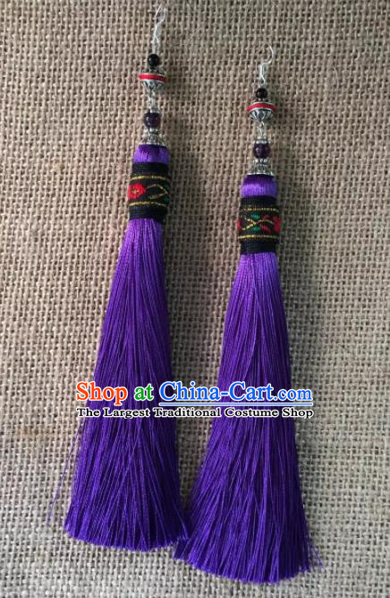 Chinese Traditional Dai Ethnic Ear Accessories Miao Nationality Purple Tassel Earrings for Women