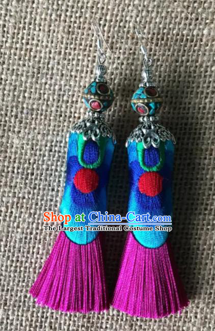 Chinese Traditional Ethnic Embroidered Ear Accessories Miao Nationality Rosy Tassel Earrings for Women