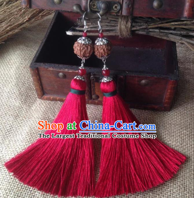 Chinese Traditional Ethnic Linden Ear Accessories Miao Nationality Red Tassel Earrings for Women