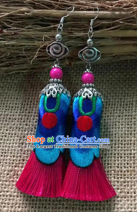 Chinese Traditional Ethnic Blue Embroidered Ear Accessories Miao Nationality Silver Earrings for Women