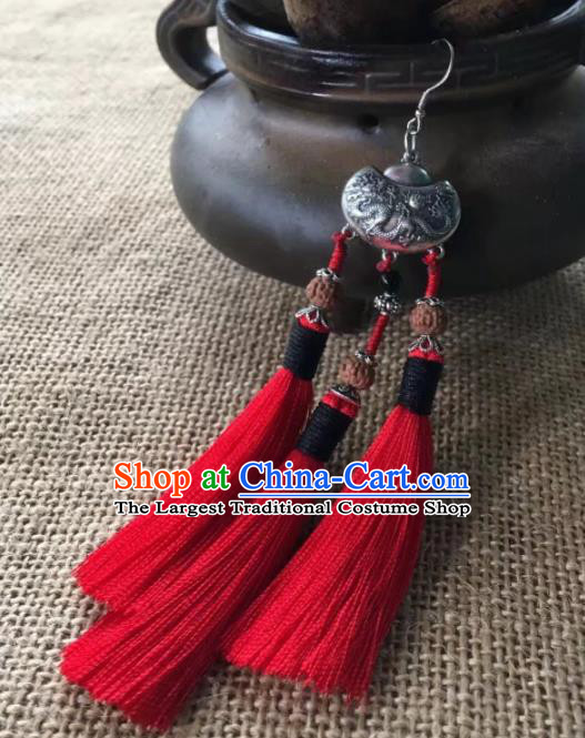 Chinese Traditional Ethnic Red Tassel Ear Accessories Miao Nationality Silver Earrings for Women