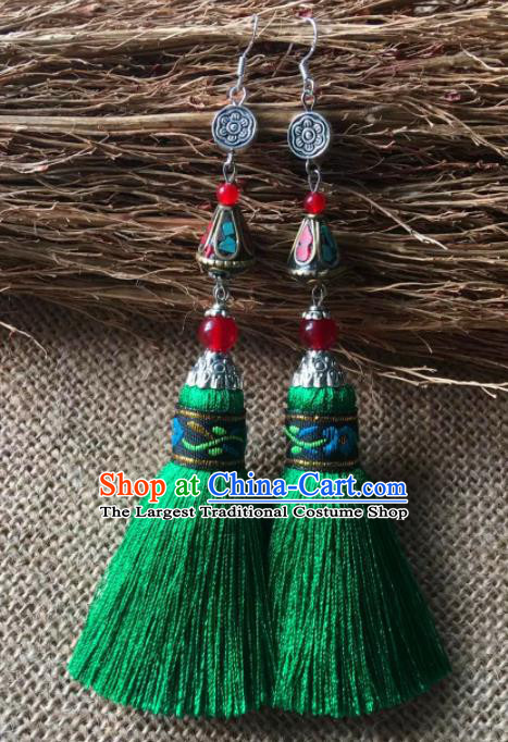 Chinese Traditional Ethnic Ear Accessories Miao Nationality Green Tassel Silver Carving Earrings for Women