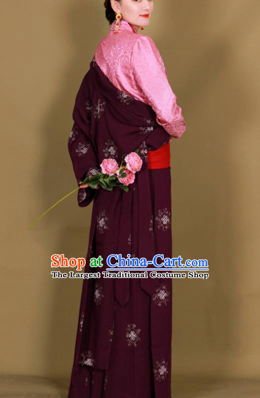 Traditional Chinese Zang Ethnic Purplish Red Guozhuang Dress Tibetan Minority Folk Dance Costume for Women