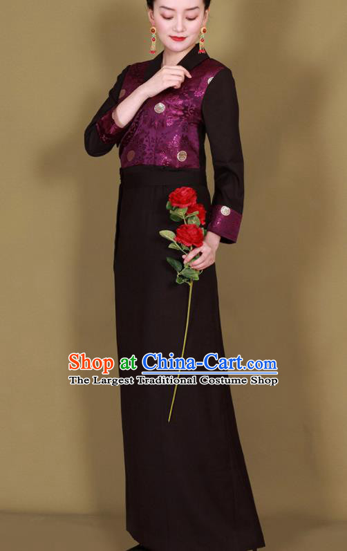 Traditional Chinese Zang Ethnic Kangba Purple Dress Tibetan Minority Folk Dance Costume for Women