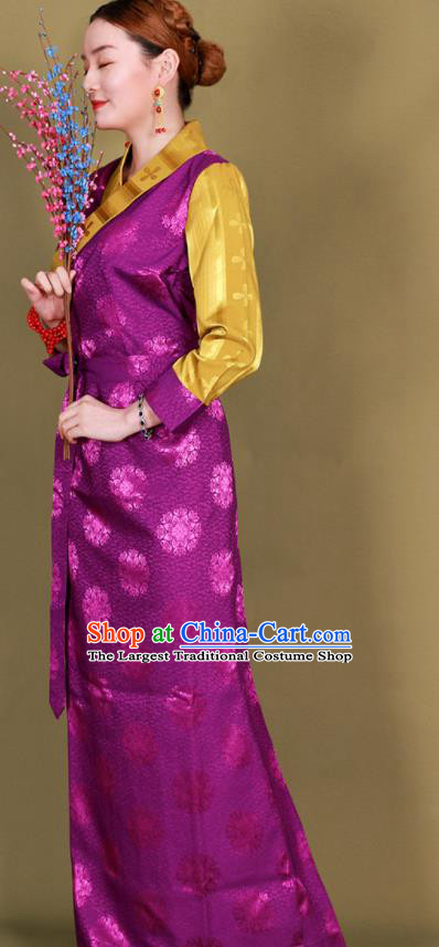 Traditional Chinese Zang Ethnic Kangba Purple Silk Dress Tibetan Minority Folk Dance Costume for Women