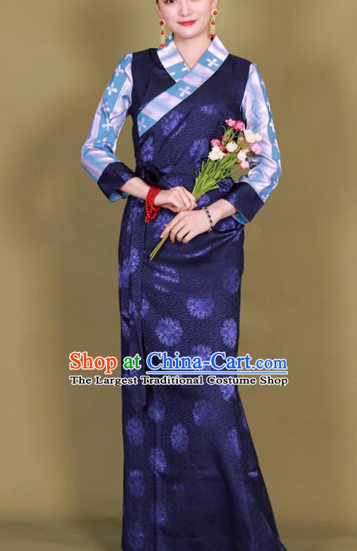 Traditional Chinese Zang Ethnic Kangba Navy Silk Dress Tibetan Minority Folk Dance Costume for Women