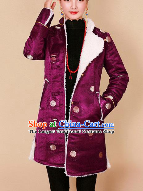Traditional Chinese Zang Ethnic Purple Cotton Padded Jacket Tibetan Minority Upper Outer Garment Winter Costume for Women