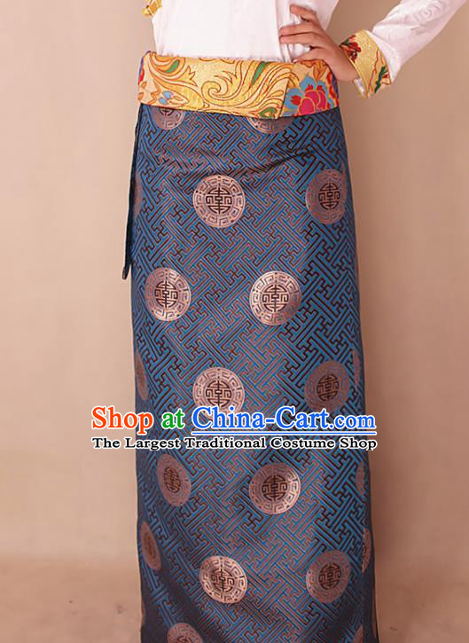 Traditional Chinese Zang Ethnic Blue Brocade Skirt Tibetan Minority Folk Dance Costume for Women