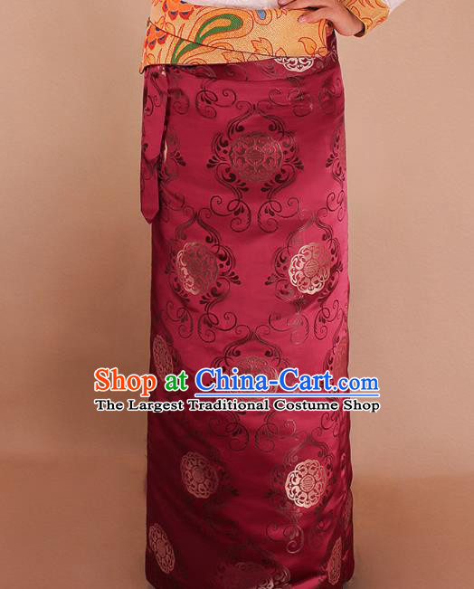 Traditional Chinese Zang Ethnic Wine Red Brocade Skirt Tibetan Minority Folk Dance Costume for Women