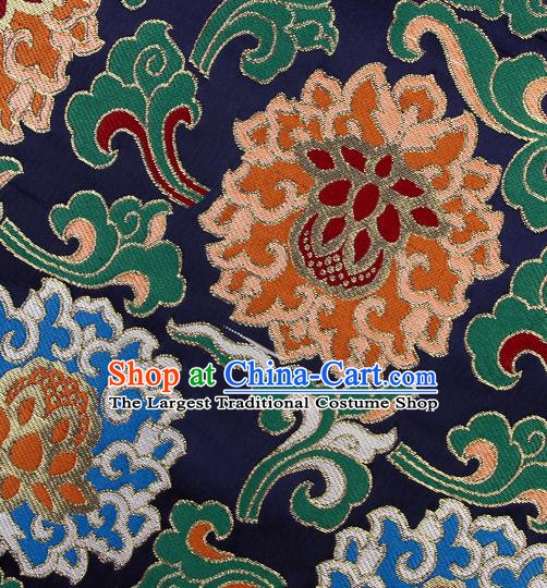 Asian Chinese Traditional Buddhism Lotus Pattern Navy Brocade Tibetan Robe Satin Fabric Silk Material