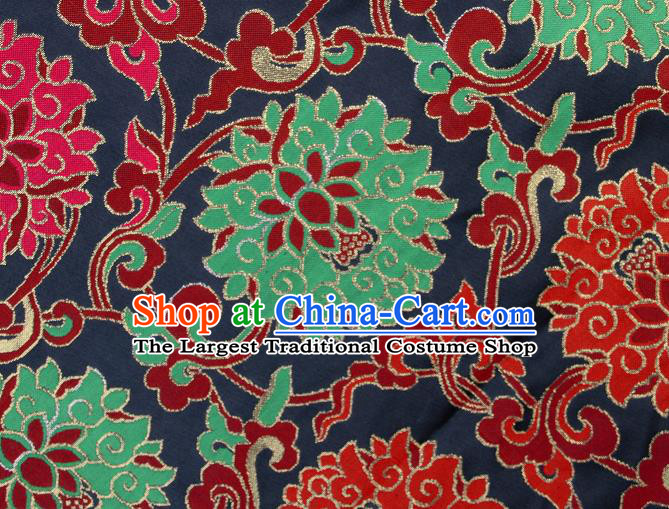 Asian Chinese Traditional Buddhism Auspicious Lotus Pattern Black Brocade Tibetan Robe Satin Fabric Silk Material