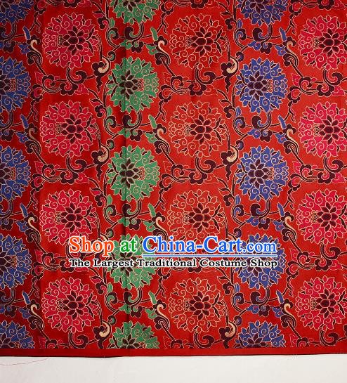 Asian Chinese Traditional Colorful Lotus Pattern Red Brocade Tibetan Robe Satin Fabric Silk Material