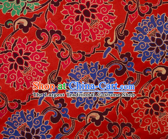 Asian Chinese Traditional Colorful Lotus Pattern Red Brocade Tibetan Robe Satin Fabric Silk Material
