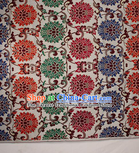 Asian Chinese Traditional Colorful Lotus Pattern White Brocade Tibetan Robe Satin Fabric Silk Material