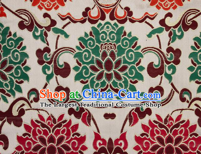 Asian Chinese Traditional Colorful Lotus Pattern White Brocade Tibetan Robe Satin Fabric Silk Material