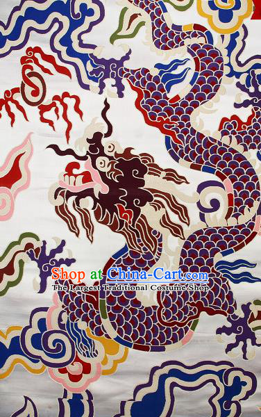 Asian Chinese Traditional Colorful Cloud Dragon Pattern White Brocade Tibetan Robe Satin Fabric Silk Material
