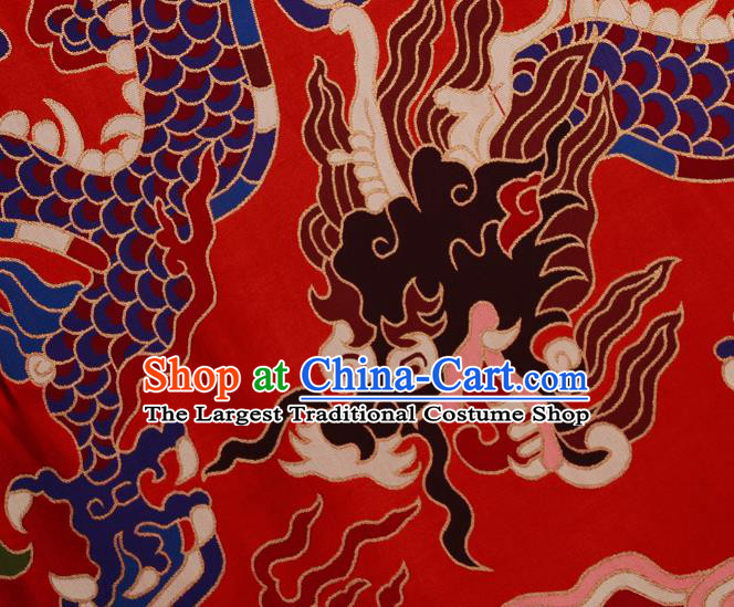 Asian Chinese Traditional Colorful Cloud Dragon Pattern Red Brocade Tibetan Robe Satin Fabric Silk Material
